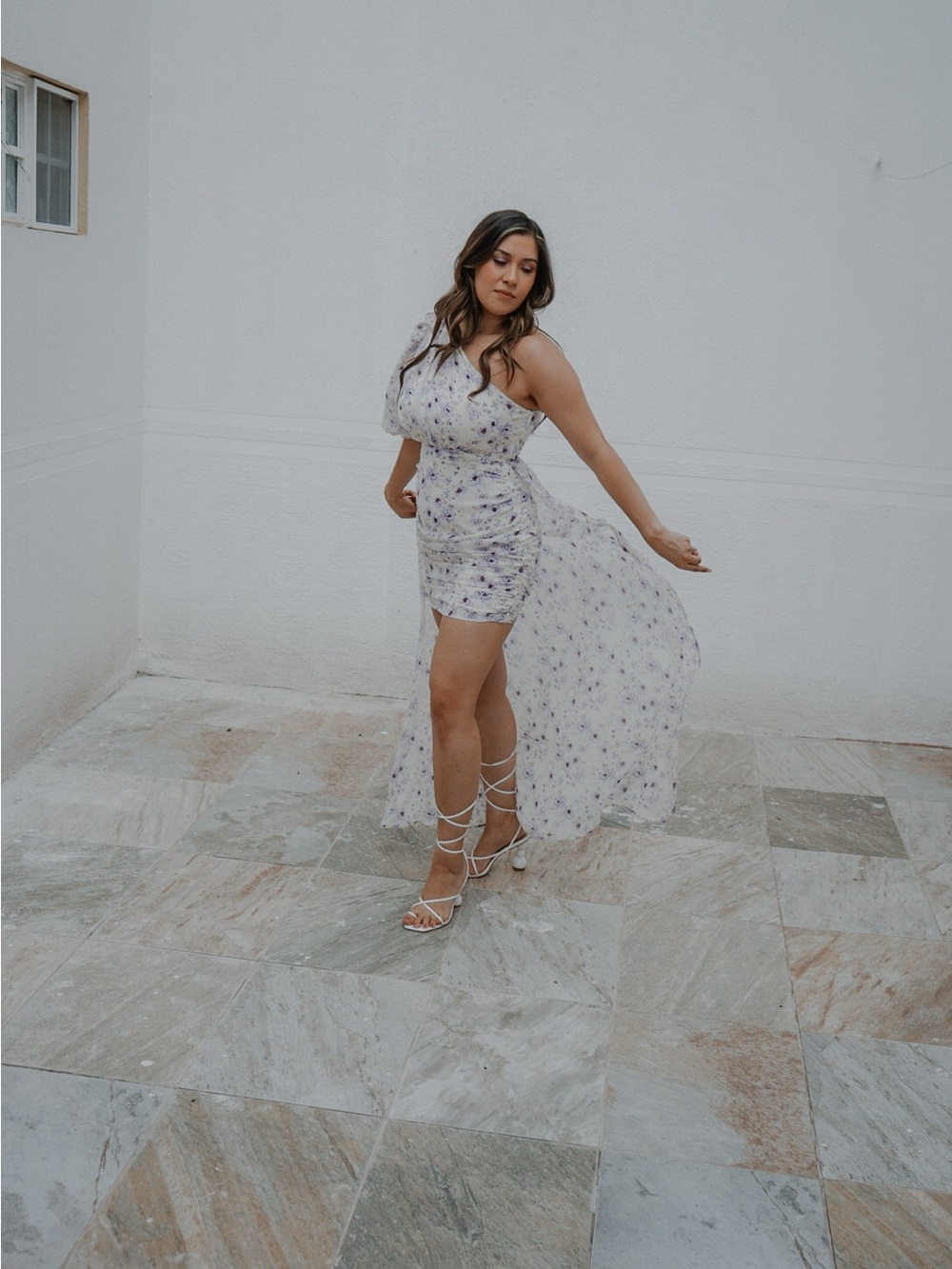 Nasty Gal Cream and Lavender One-Shoulder Floral High-Low Dress